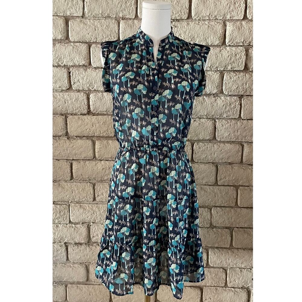 GAP‎ Sleeveless Chiffon Mini Dress - Navy & Green Fox/Tree Print - Size XS